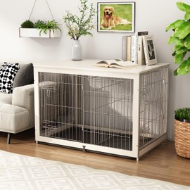 Piskyet Wooden Dog Crate Furniture with Divider Panel, Dog Crate End Table with Fixable Slide Tray, Double Doors Dog Kennel Indoor for Dogs(XL:43.2" L * 28.6" W * 30.3" H,White)
