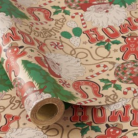 RUSPEPA Kraft Christmas Wrapping Paper Roll, Mini Roll, Western Cowboy Santa Design with Howdy, Horseshoe, Cactus & Candy Canes, Kraft Gift Wrap for Kids, Family, Xmas Holiday, 17 Inches x 16.4 Feet