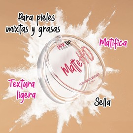 PINK UP Matte HD Polvo Compacto HD Matificante Para Pieles Mixtas Controla el brillo en la piel del rostro Maquillaje Polvo traslucido Makeup Modelo PKHD