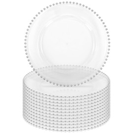 12 Pack Clear Acrylic Round Charger Plates With Silver Beaded Rim, 13 Inch Plate Chargers for Dinner, Plastic Decorative Plates for Wedding, Party, Event Decoration, Tabletop Decor (Silver)