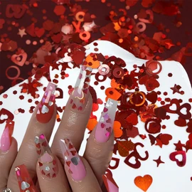 LBPEPAMZ 12 Grids Valentine's Day Nail Art Sequins 3D Holographic Red Heart Nail Glitter Sequin Shiny Letter Love Charms Nail Glitter Flakes Maple Star Butterfly Nail Art Decoration for Women DIY