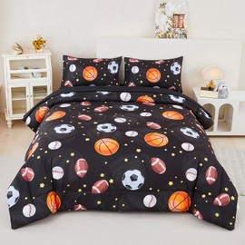 ZSYAYAHA Sports Comforter Sets for Boys Teens Queen Size Bed Set 5 Pieces Bed in A Bag Set Soft Cozy Basketball Baseball Football Bedding Set for Kids Girls(Black Balls, Queen)