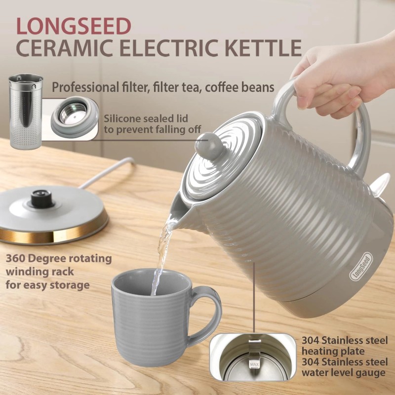 Longseed 1.2 Liter Ceramic Electric Kettle Pot with Infuser &