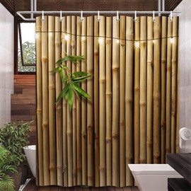 Bamboo Shower Curtain, Japanese 3D Shower Curtain Set for Bathroom, Nature Zen with Lights Fabric Shower Curtain Restroom Bathtub Decor Accessories with Hooks 72X 72 inch