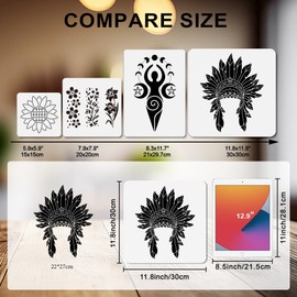 MAYJOYDIY 2 Pcs Tribal Headdress Stencil Tribal Chief Stencils for Painting 11.8x11.8 Inches Aztec Feather Dreamcatcher Drawing Templates with Paint Brush for Wood Wall Home Gift Decoration