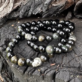 Rainbow Mictlan Tetl Rainbow Golden Obsidian Gemstone Bracelet 10mm Skull. 8, 7, 6 Inch