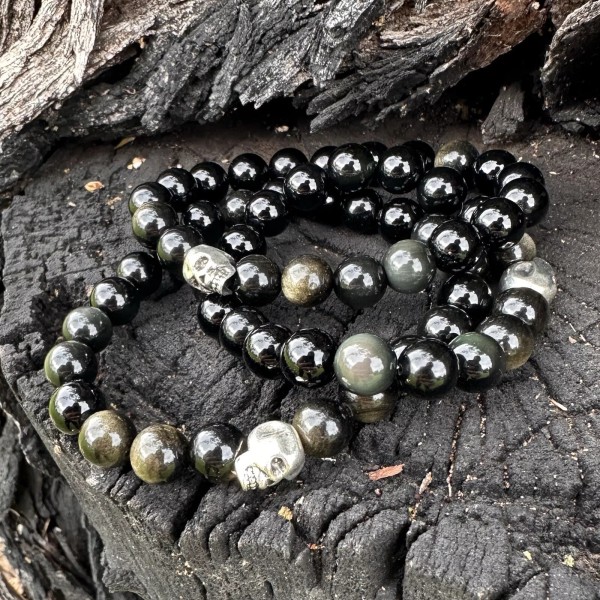 Rainbow Mictlan Tetl Rainbow Golden Obsidian Gemstone Bracelet 10mm Skull.