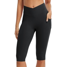 baleaf Knee Length Capri Leggings with Pockets for Women Workout Yoga Capris Pants Tummy Control Casual Exercise Black XXXL