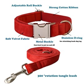 Velvet Dog Collar and Leash Set, Soft & Comfy Dog Collar and Leash, Heavy Duty Metal Buckle Adjustable Collars for Small Medium Large Dogs Training & Walking (Medium-Collar Girth: 10.6"-16.1", Red)