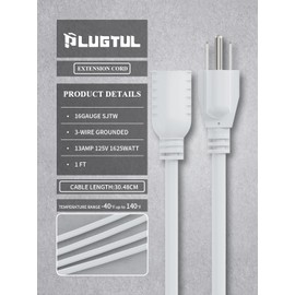 PLUGTUL 1 FT Extension Cord White, 2-Pack Short Power Cord, Indoor/Outdoor 16 Gauge 3 Prong Grounded Wire ETL Listed, 13A 1625W 125V SJTW