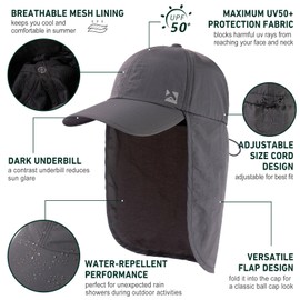 TOP-EX XL/XXL Waterproof Baseball Cap Mens with Neck Protection UPF 50 Sun Hats Women, Foldable Summer Hats Safari Hiking Outdoor Hat Breathable Adjustable Dark Grey L/XL