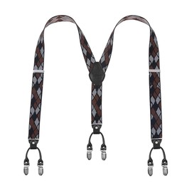 Lafayon Braces for Men 6 Buckles Y Back Striped Heavy Duty Men's Braces Durable Elastic Adjustable Braces Gift Box, Brown Diamond Pattern