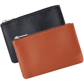 CRASPIRE 2 Colors Small Coin Purse PU Leather Black Orange Rhombus Zipper Pouches Portable Zip Change Wallet Purse Pocket Bag with Keychain for Women Ladies Card Key Headset Lipstick