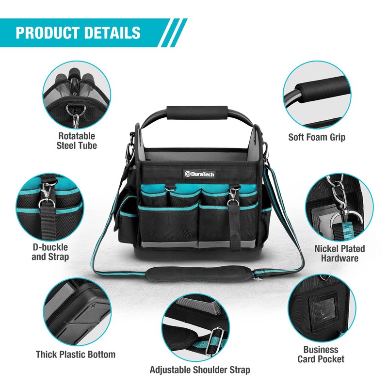 DURATECH 12 Inch Tool Tote with Waterproof Hard Bottom, Electrician