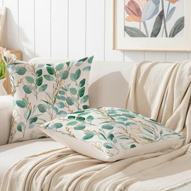 Jayusaror Spring Cushion Cover, 45 x 45 cm, Green and Gold Eucalyptus Leaves, Outdoor Sofa Cushion Covers, Decorative Cushion, Couch Cushion Covers, Decorative Cushion Cover, Garden Sofa Decoration,