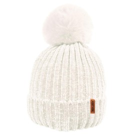 RockJock R80 Ladies Ultra Soft Velvet Chenille Rib Hat with Insulating Warm Teddy Fleece Liner Detachable Faux Fur Pompom-Cream
