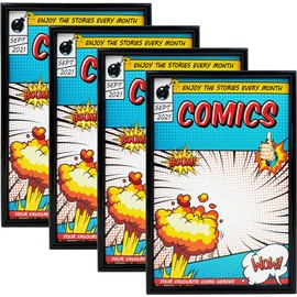 Comic Book Frame, 4 Pack, Ultraviolet UV Protection, Fits Current Comics up to 6 3/4" x 10 1/4", Wall or Tabletop Display,Spring Clips for Thicker Comics as Well (Black, 4)