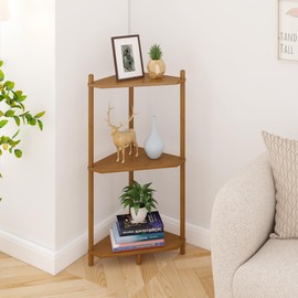Corner Shelf Stand - 3 Tier Walnut Bamboo Small Corner Bookshelf for Office Kitchen Bedroom Plant Stand Living Room Decor Small Space (Brown)