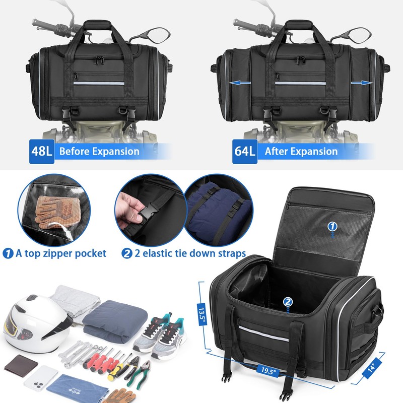 Waterproof Motorcycle Tail Luggage Bag, 48L-64L Expandable, a Rain Cover