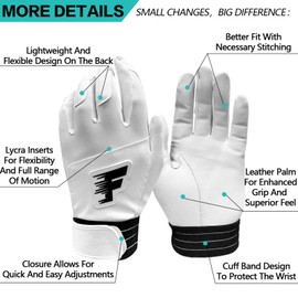 FINGER TEN Batting Gloves Men Youth Adult for Baseball Softball Cabretta Leather Batting Glove 1 Pair, Mens Boys Girls Pro Grip Sports Gloves (White, Youth Small)