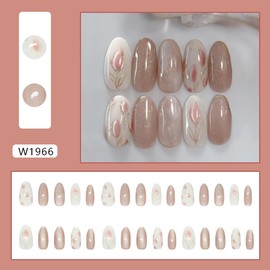 30Pcs Flower Press on Nails Medium Almond Fake Nails with Glitter Designs Full Cover Glossy Red-Brown Acrylic False Nails Tulip Floral Glue on Nails Spring Summer Stick on Nails for Women Gift