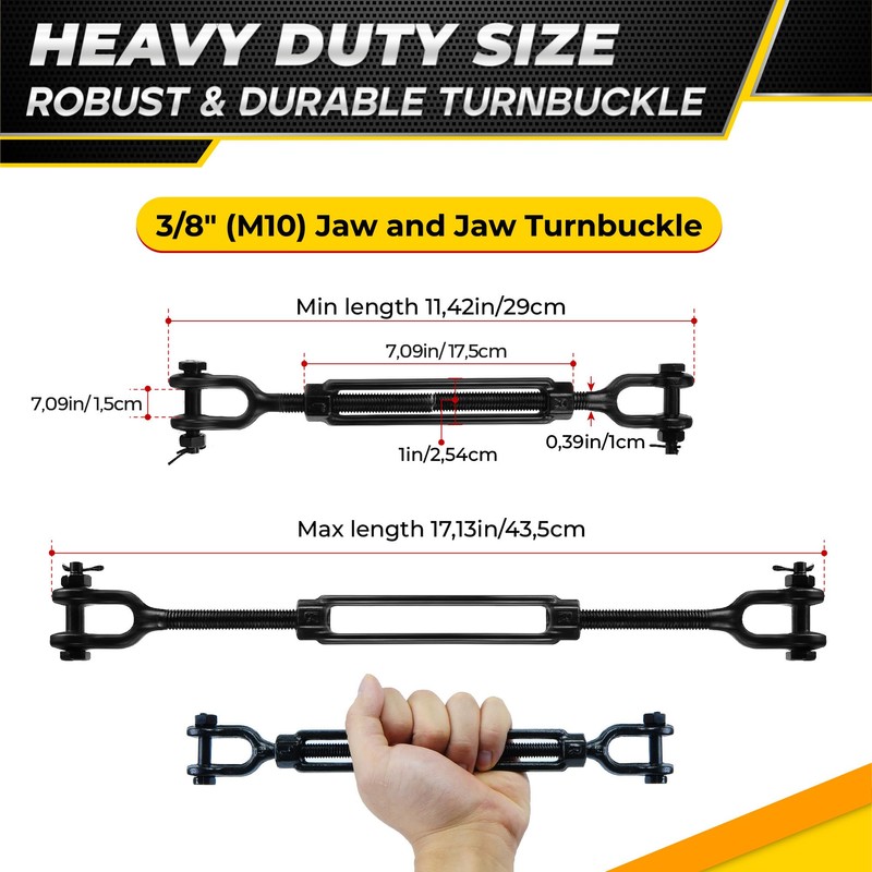 [Premium] 2 Pack 3/8”x11.4” Ultra Durable Jaw and Jaw Turnbuckle,