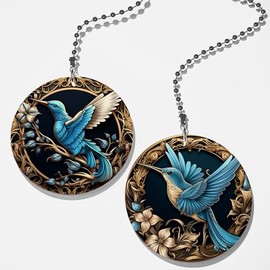 Set of 2 Coordinating Intricate Blue Hummingbird Fan/Light Pull Set/Bird Fan Pull