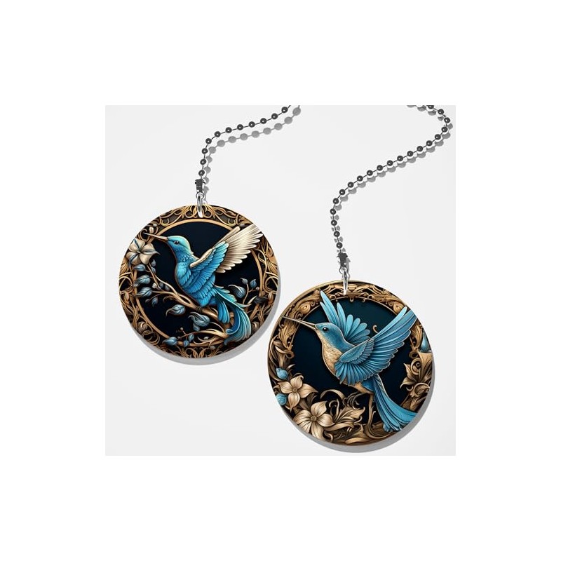 Set of 2 Coordinating Intricate Blue Hummingbird Fan/Light Pull Set/Bird