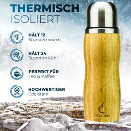 Thermos Flask 350 ml - Bamboo: High Quality Stainless Steel Tea Bottle with Bamboo Cover - Double-Walled Premium Drinking Bottle Lid Can Be Used as Tea Cup BPA Free 12 Hours Warm, Refined