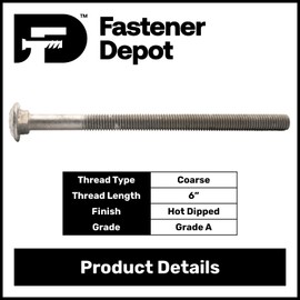 3/8"-16 x 9" Hot Dipped Galvanized Carriage Bolt, Grade A, 6" of Thread, Quantity 25 - by Fastener Depot, LLC