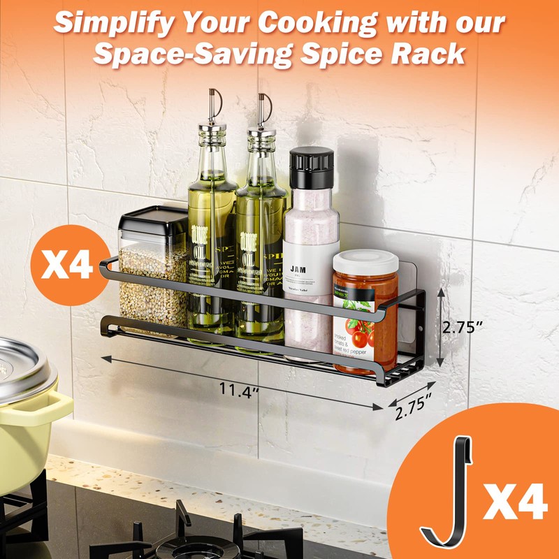 Bunoxea Spice Rack wall mounted 4 Pack, Space-Saving Spice Organizer