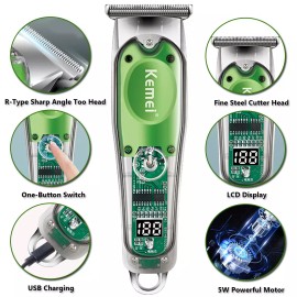 Kemei KM-679 Professional Hair Trimmer Clippers 0 Gapped T-Blade Close Cutting Machine - Classic Green(LCD)