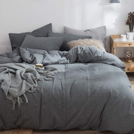 BESTOUCH Duvet Cover Set 100% Washed Cotton Linen Feel Super Soft Comfortable Chic Lightweight 3 PCs Home Bedding Set Solid Dark Grey King