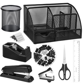 Black Desk Organizer and Accessories, Black Desk Asccessories Office Supply Kit Include Mesh Desktop Organizer Stapler 1000 Staples Tape Dispenser Pen Holder Staple Remover Clips Ruler Scissors