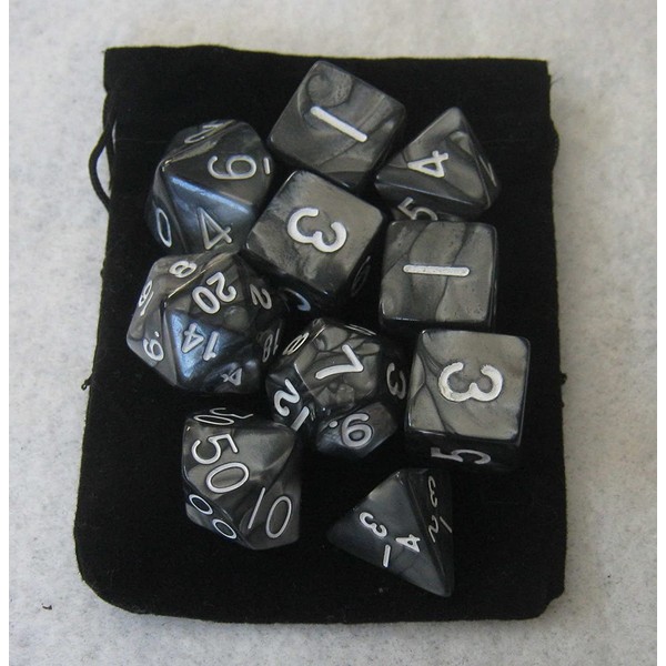 Smoke Black RPG D&D Dice Set: 7 + 3d6 = 10 polyhedral die plus bag! by Dave's Dice