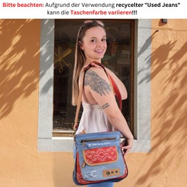Sunsa Women's Shoulder Bag. Sustainable Handbag Made of Recycled Jeans Canvas & Leather Crossover Bag in Vintage Style. Blue/Red Women's Bag. Gift Idea for Women