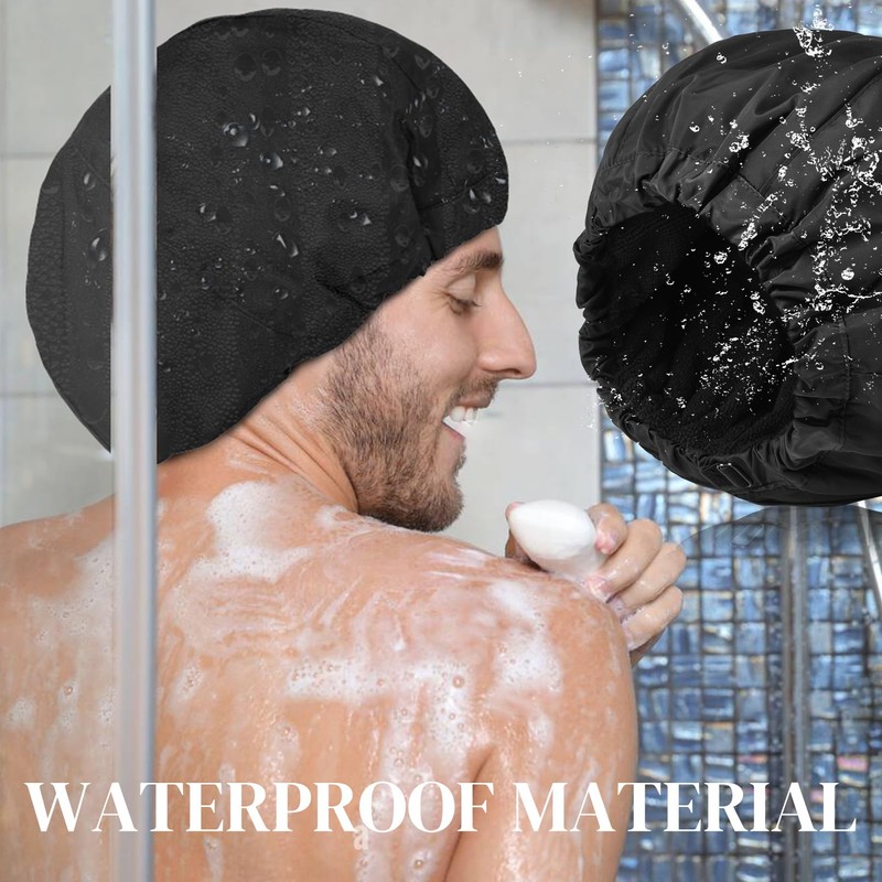 Shower Cap for Men Black Bath Cap, Reversible Terry Lined