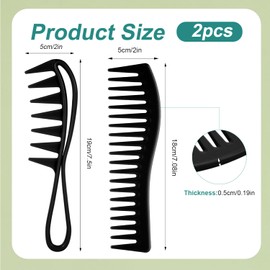 Pack of 2 Wide Tooth Combs, 2-Sided Detangling Comb Wide and Fine Teeth for Women Men Trimming Cutting Hair Brush Styling Tool for Thin Thick Curly Straight Hair (Black)