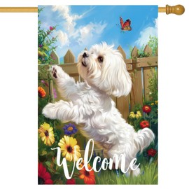 HOMETITUTE Maltese Dog Welcome Garden Flag 28 x 40 Inch Double Sided House Flag with White Puppy Butterfly and Floral Fence Design for Yard Porch Outdoor Spring Summer Decor