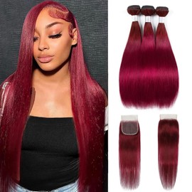 99j Burgundy Bundles With Closure Human Hair 10A Brazilian Raw Remy Hair Bundles With 4x4 Lace Closure 18 20 22+18 Free Part Wine Red Color Straight Human Hair Bundles
