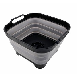 SAMMART 10L (2.64 Gallon) Collapsible Dishpan with Draining Plug - Foldable Washing Basin - Portable Dish Washing Tub - Space Saving Kitchen Storage Tray (Black/Alloy Grey)