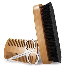 Timotech Kit de peine, cepillo y tijeras para cabello, barba y bigote de madera, accesorios de aseo personal para hombre (Café)