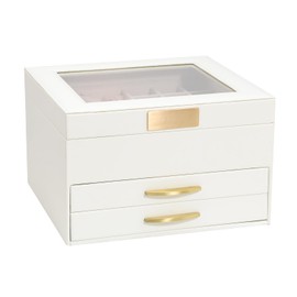 V-LAFUY Jewelry Organizer Box With Glass Lid, White Jewelry Case 3-Layer With 2 Drawers