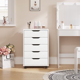 Panana 5/7 Drawer Chest, Wooden Tall Dresser Storage Dresser Cabinet With Wheels, Office Organization And Storage, Bedroom Furniture (White, 5 Drawer)