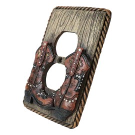 Ebros Gift Set of 2 Western Cowboy Boots Faux Wood Wall Double Receptacle Outlet Plates