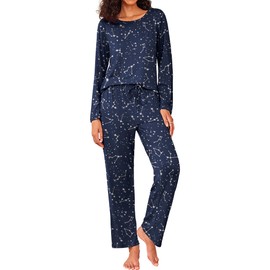 Ekouaer Womens Pajama Sets 2 Piece Pjs Sleepwear Soft Comfy Loungewear Long Sleeve Pullover Top and Pants Navy Blue Star M