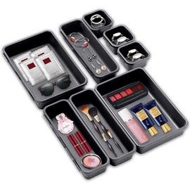 Pack of 8 Drawer Organiser, Organiser Storage Box, Plastic Drawer Organiser Box, Multifunctional Washable Make Up Organiser Storage Box, for Bathroom, Bedroom, Office (Grey)