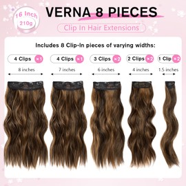 Clip in Hair Extensions for Women, 8PCS 16 Inch Wavy Dark Brown Mix Light Brown Curly Hair Extensions Clip Ins, Synthetic Airy and breathable Hairpieces for Women