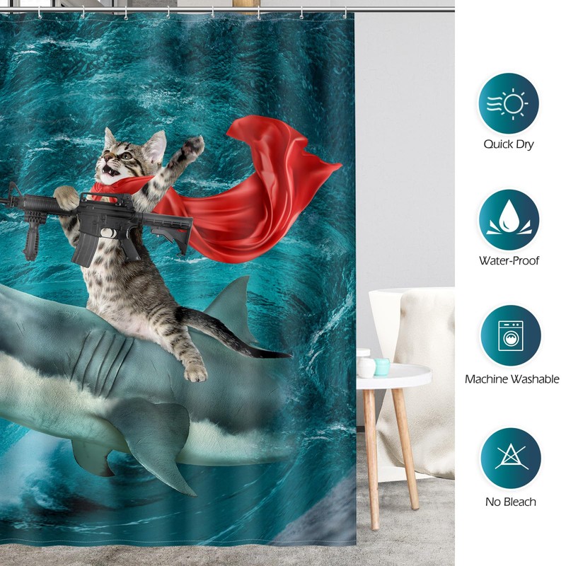Aimego Funny Shower Curtains Shark Cat Shower Curtain Set with