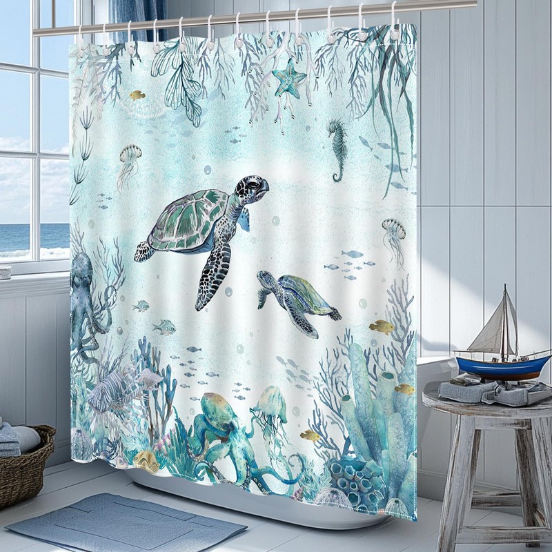 Mocsicka Sea Turtle Shower Curtain Teal Blue Ocean Beach Coastal
